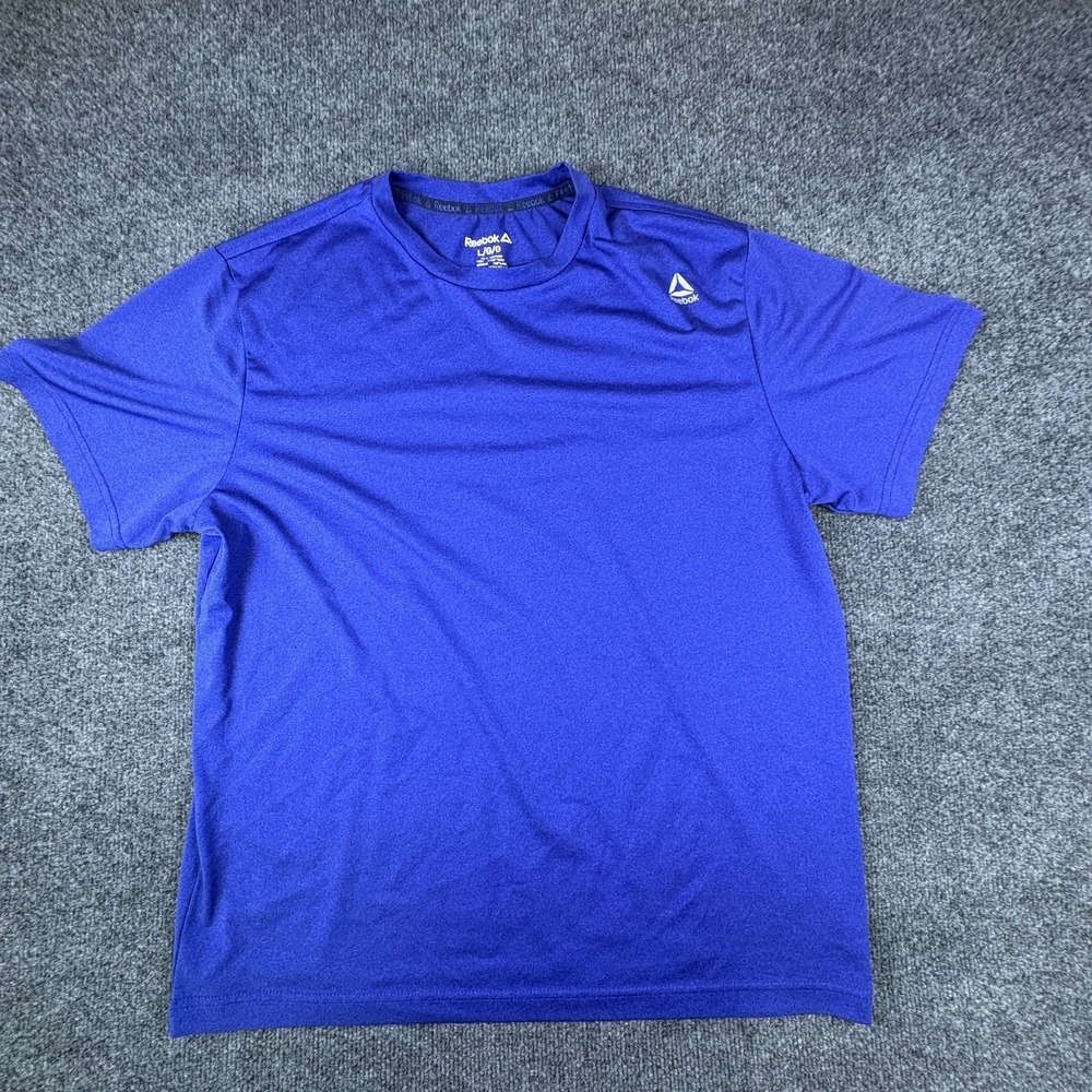 Reebok Running T Shirt Mens Large Blue Logo Crew Neck Short Sleeve Performance